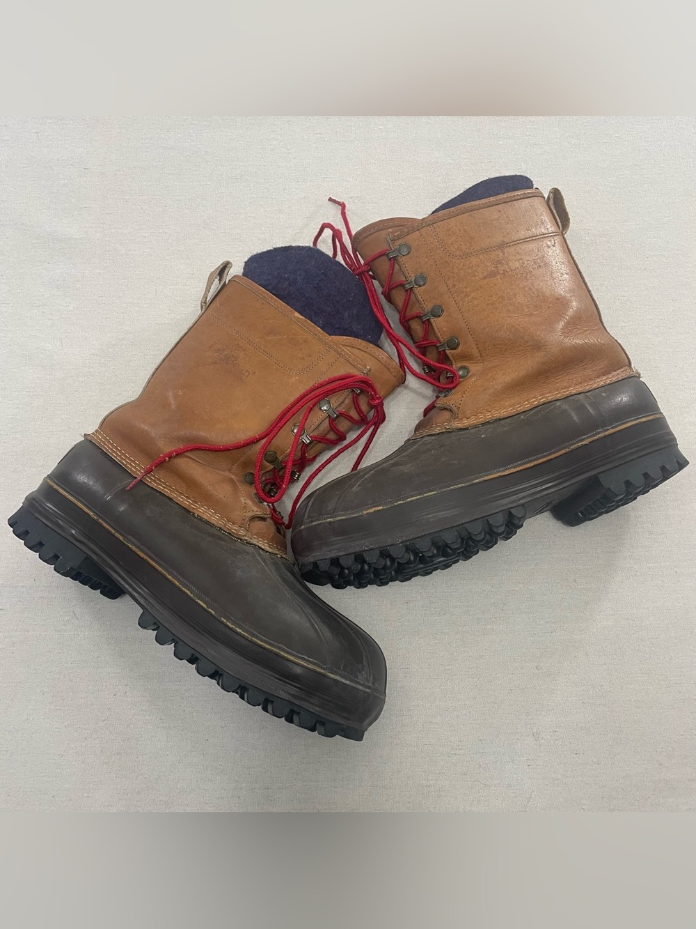 LL Bean Original Brown Leather Removable Wool Liner Tall Duck Boots Men's 16